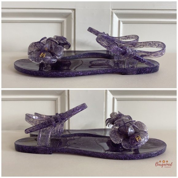 Authentic CHANEL Purple CC Glitter Camelia Jelly Strap Flip Flops Flat Sandals 5 - Picture 12 of 13